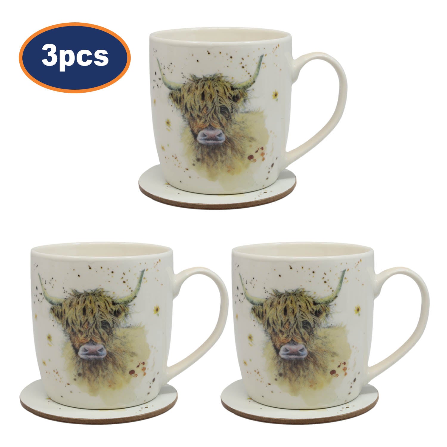 3 Sets of Highland Cow Mug & Coaster Set