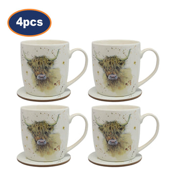 4 Sets of Highland Cow Mug & Coaster Set
