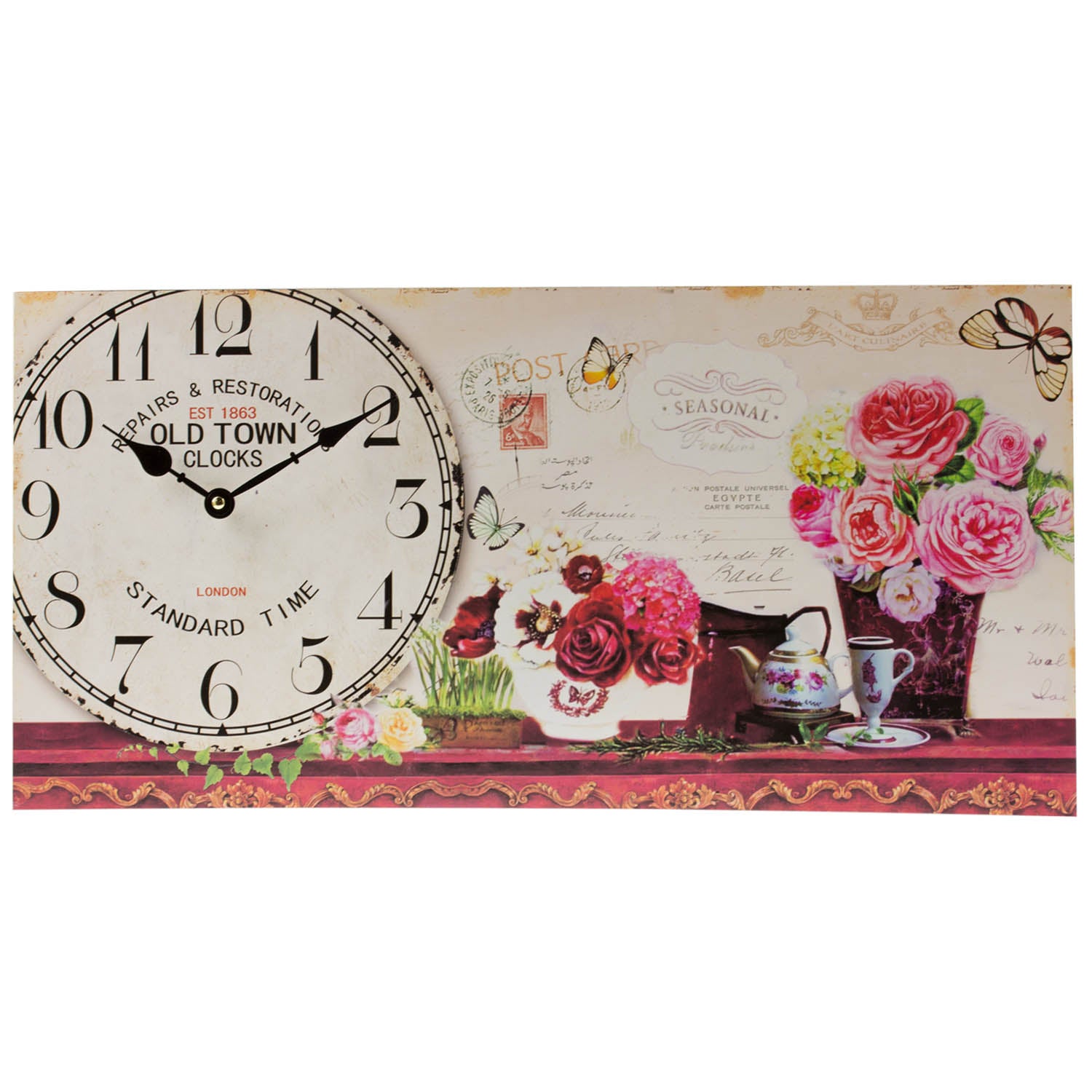 Large Landscape Vintage Style MDF Floral Wall Clock