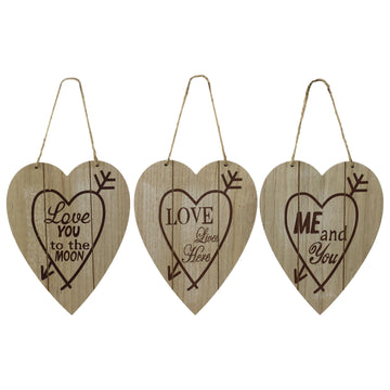 Set of 3 Hearts Wooden Look Plaques Signs with Juste Hanger