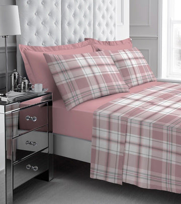 Tartan Check Flannelette Sheet Set, Double, Blush Pink