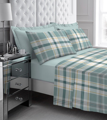 Tartan Check Flannelette Sheet Set, King, Duckegg