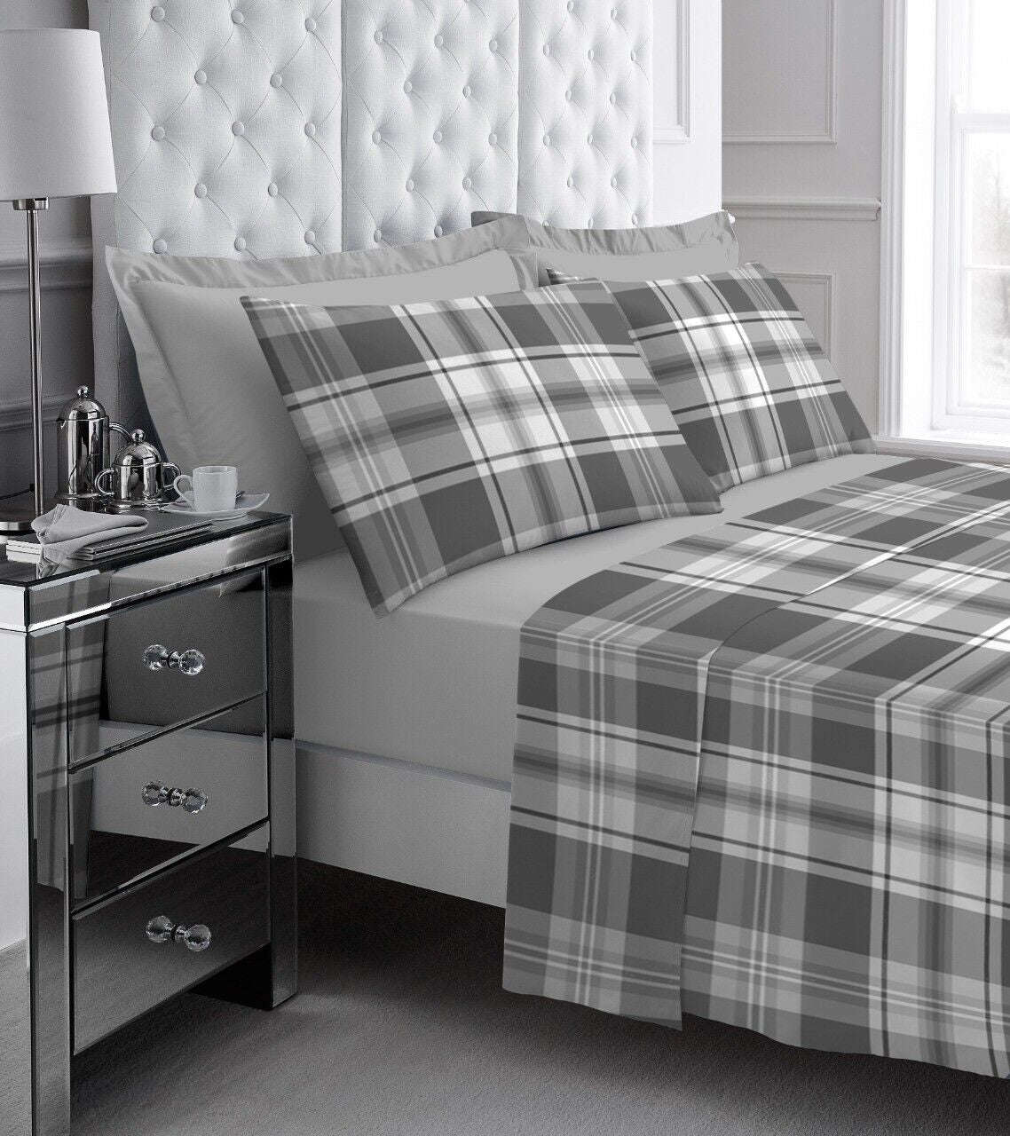 Tartan Check Flannelette Sheet Set, Double, Grey