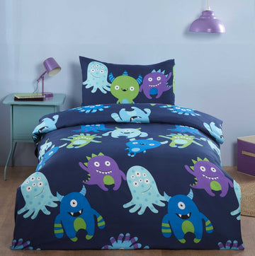 Reversible Space Monsters Duvet Cover Set, Single, Blue