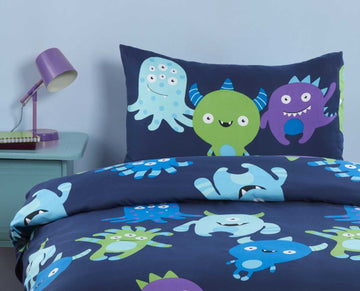 Reversible Space Monsters Duvet Cover Set, Single, Blue