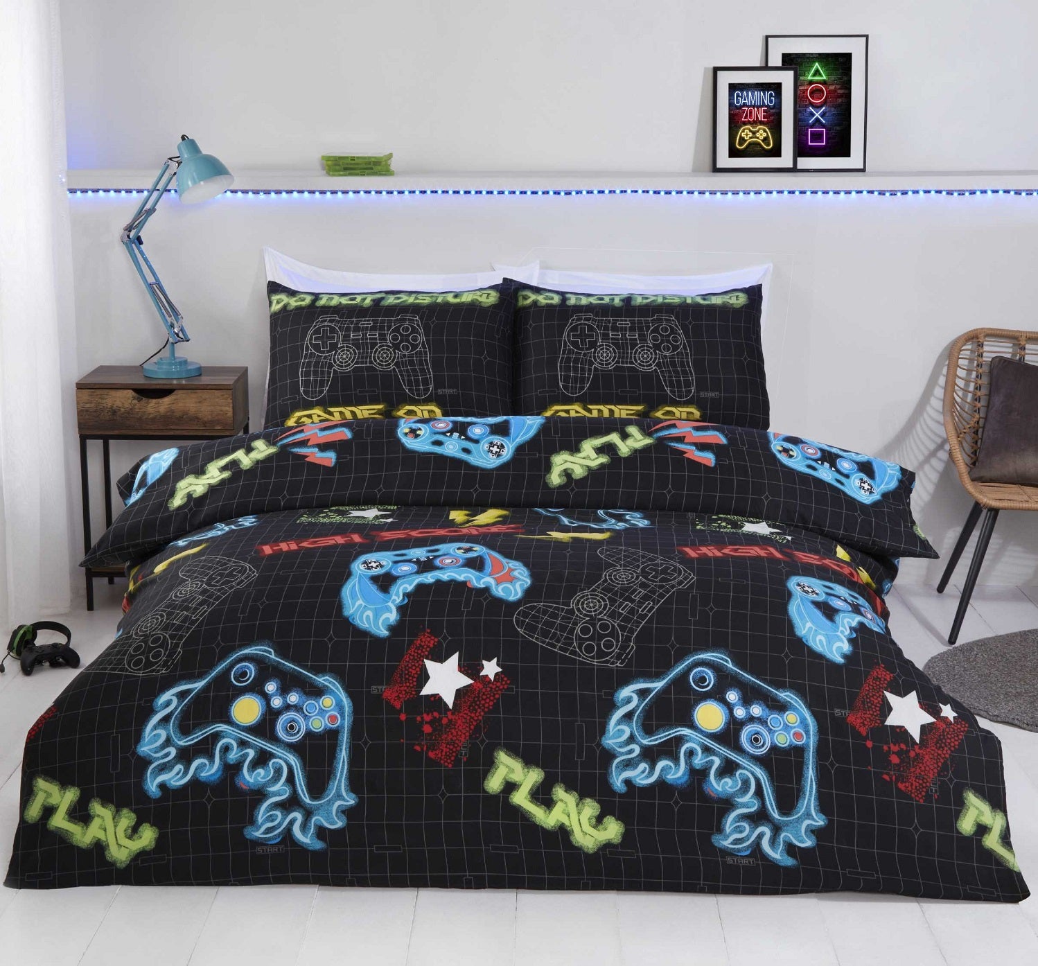 Reversible Gaming Gamer Duvet Cover Set, Single, Black