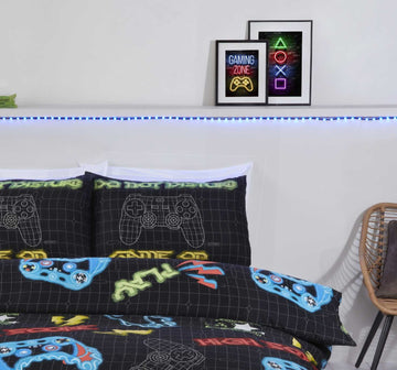 Reversible Gaming Gamer Duvet Cover Set, Double, Black