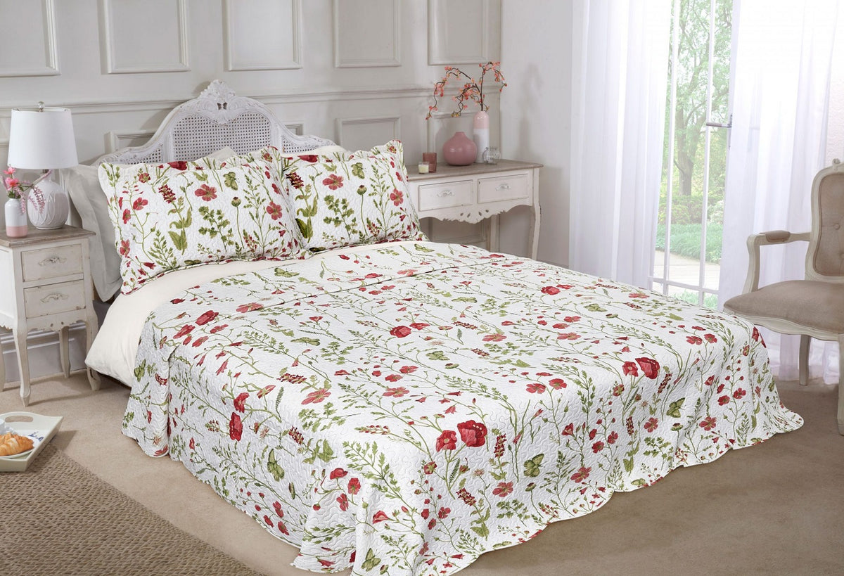 Poppy Quilted Bedspread + Pillowshams Set, King, Red & Green