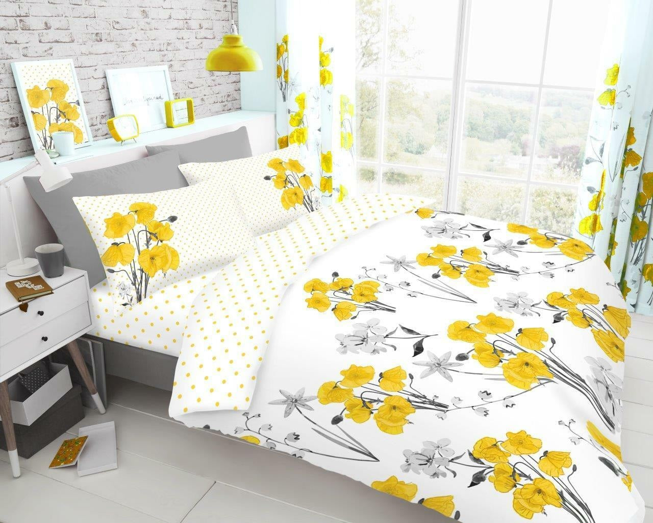 Poppy Yellow Grey King Duvet Cover Bedding Set