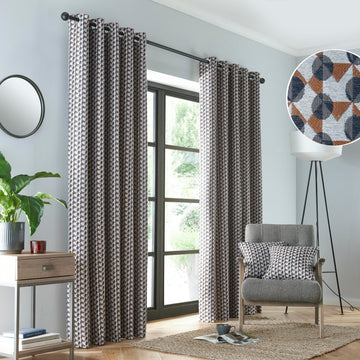 Geometric Shapes Jacquard Eyelet Ring Top Curtains 90" x 90" - Prado Grey & Terracotta