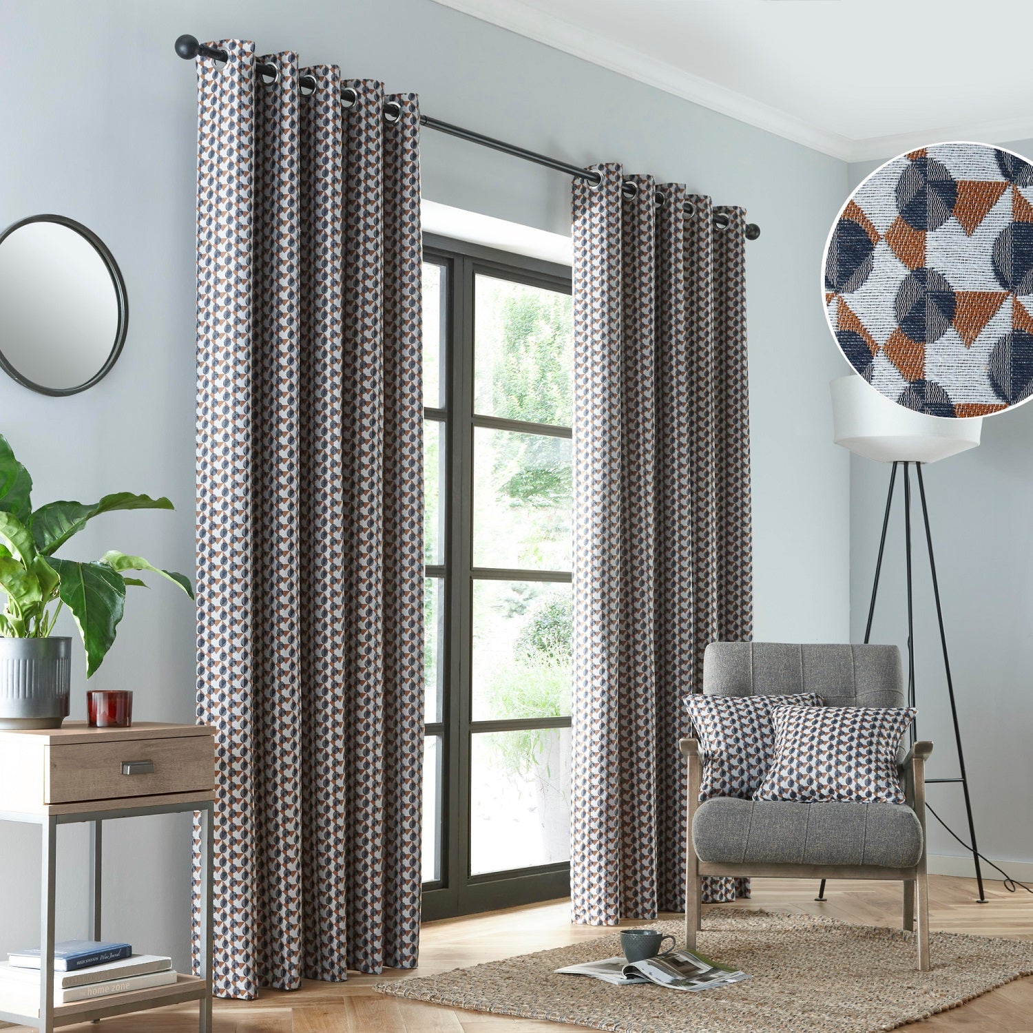 Geometric Shapes Jacquard Eyelet Ring Top Curtains 66" x 90" - Prado Grey & Terracotta