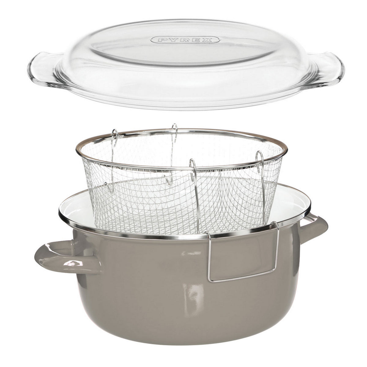 Telo Grey Enamel Glass Pyrex Lid Steel Deep Fryer