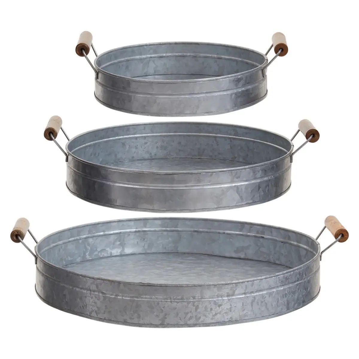 Drumley 3Pc Round Galvanized Steel Trays With Wooden Handles