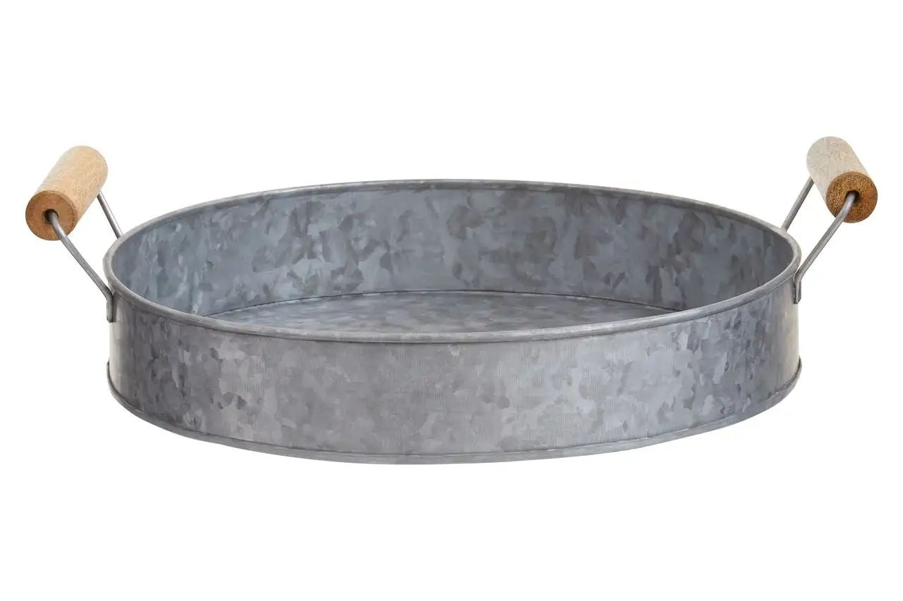 Drumley 35cm Round Galvanized Steel Tray With Wooden Handles