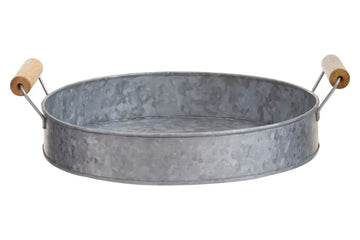 Drumley 35cm Round Galvanized Steel Tray With Wooden Handles