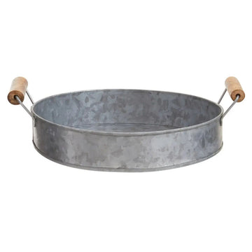 Drumley 30cm Round Galvanized Steel Tray With Wooden Handles