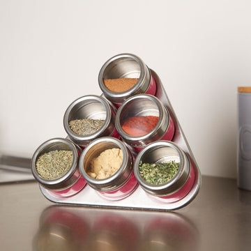 6 Magnetic Pink Spice Condiments Jars with Triangle Tray