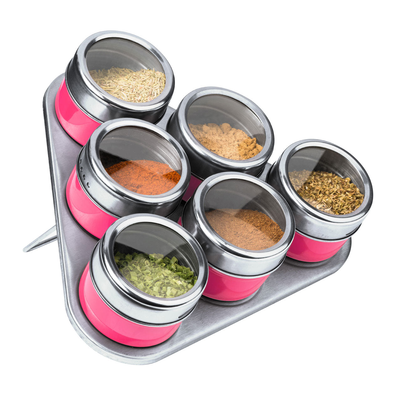 6 Magnetic Pink Spice Condiments Jars with Triangle Tray