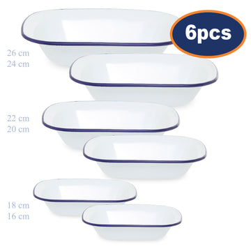 6-Set Rectangle White Enamelled Steel Pie Dish -  Blue Rim 16/18/20/22/24/26cm