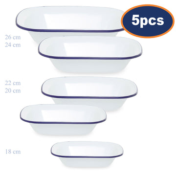 5-Set Rectangle White Enamelled Steel Pie Dish - Navy Blue Rim 18/20/22/24/26cm