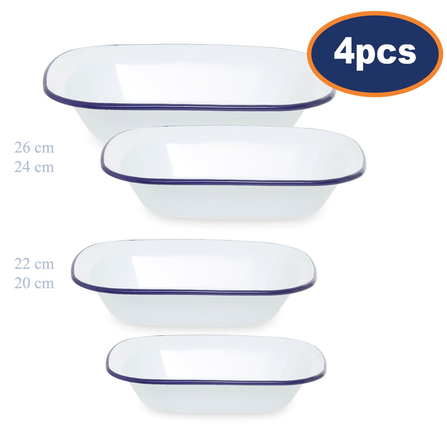 4-Set Rectangle White Enamelled Steel Pie Dish - Navy Blue Rim 20/22/24/26 cm