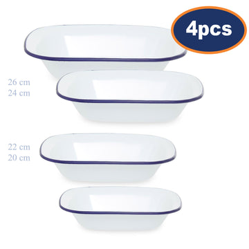 4-Set Rectangle White Enamelled Steel Pie Dish - Navy Blue Rim 20/22/24/26 cm