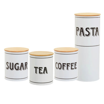 4pcs White Tea Sugar Coffee & Pasta Tin Canisters Set