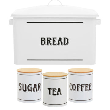 4pcs White  Tea Sugar Coffee Tin Canisters & Bread Bin Set