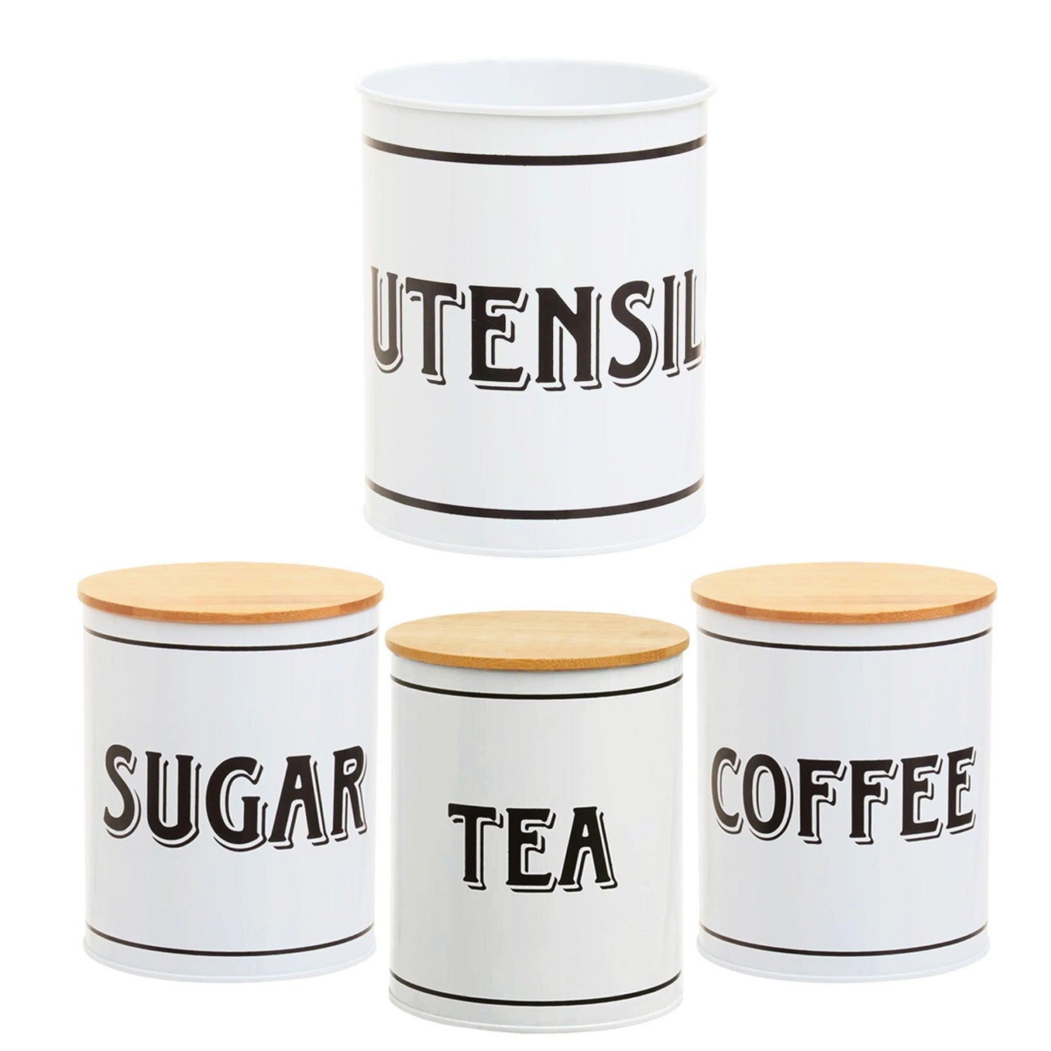 4pcs White Tea Sugar Coffee Tin Canisters & Utensils Holder Set