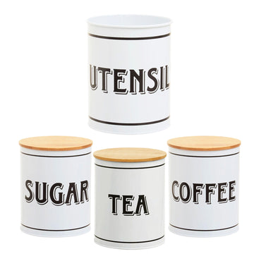 4pcs White Tea Sugar Coffee Tin Canisters & Utensils Holder Set