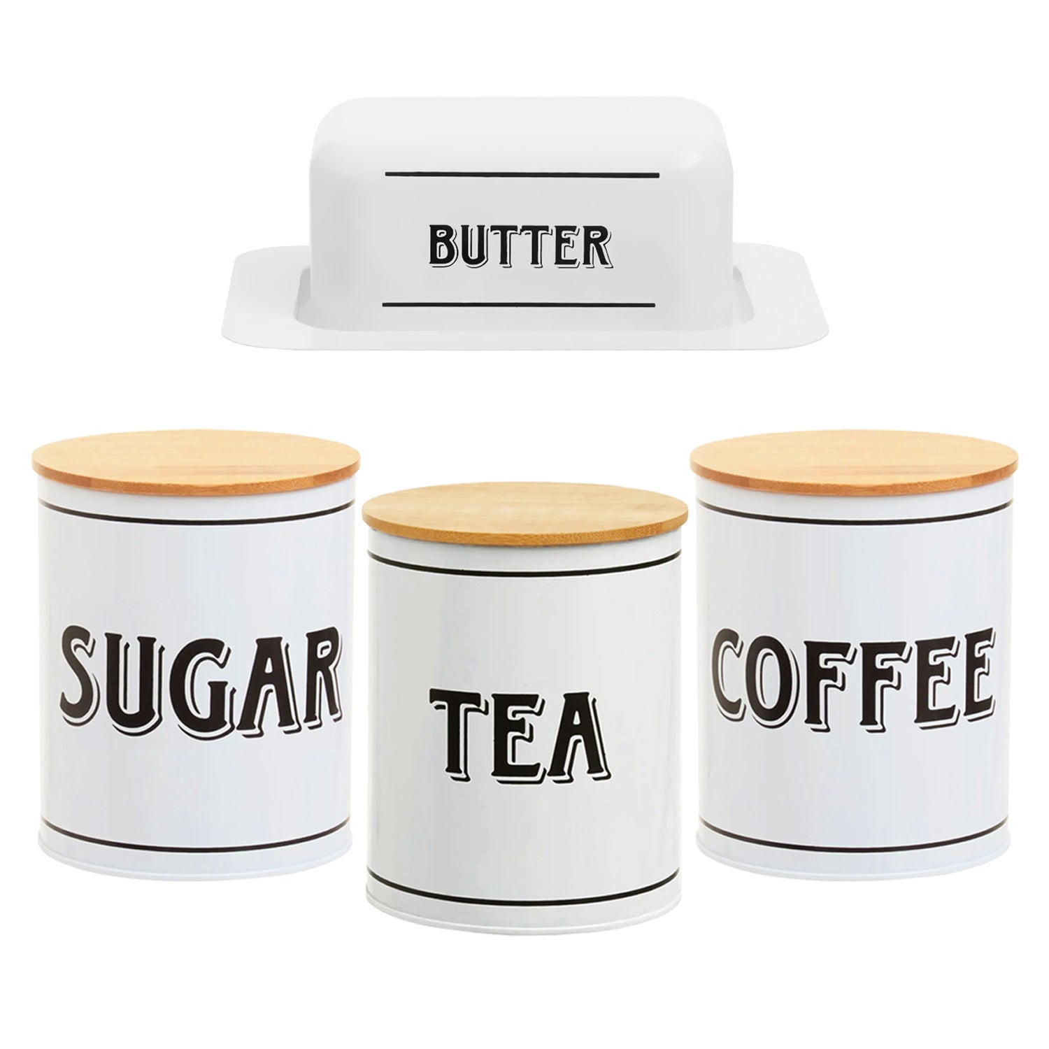 4pcs White Tea Sugar Coffee Tin Canisters & Butter Dish Set