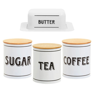 4pcs White Tea Sugar Coffee Tin Canisters & Butter Dish Set