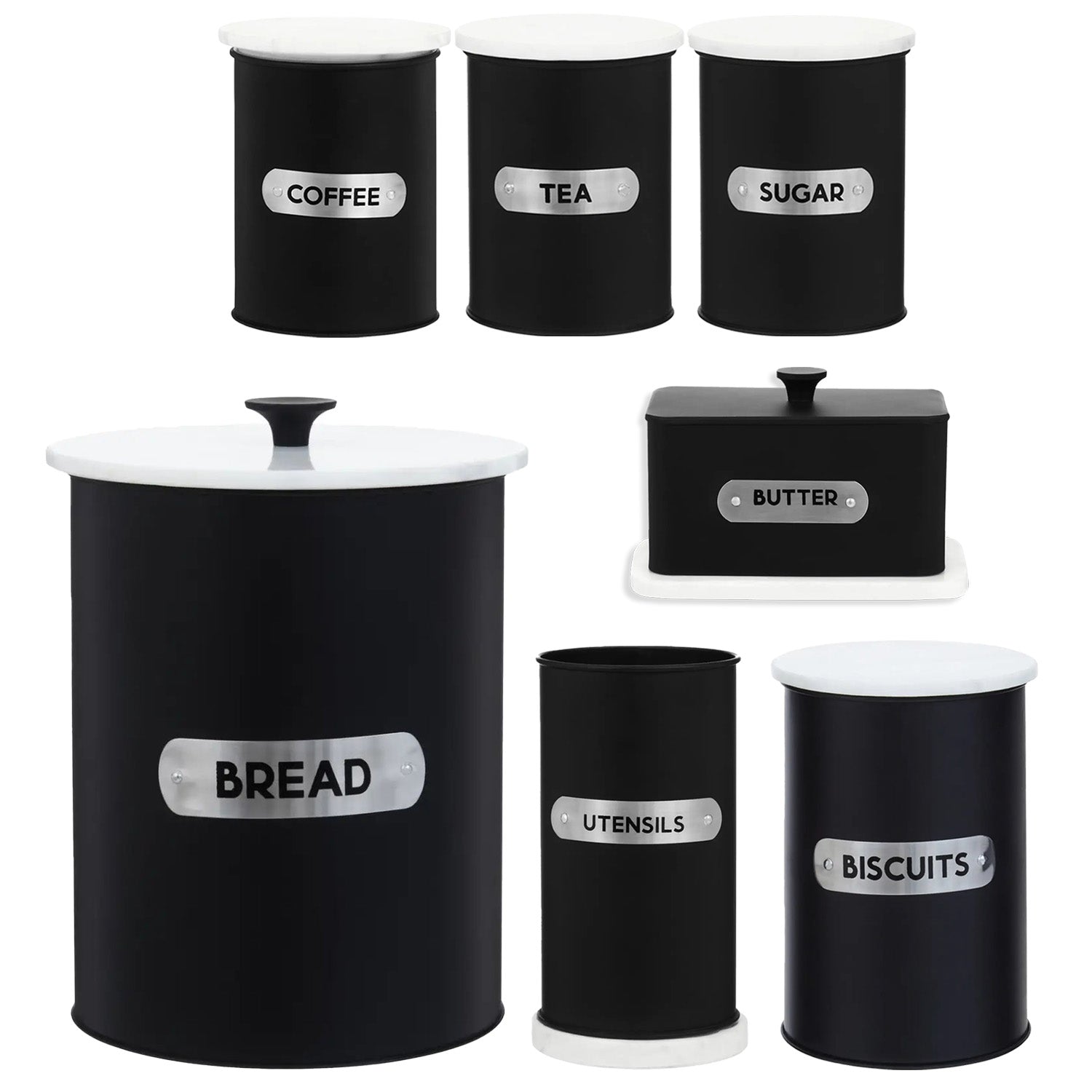 7pc Black Tea Sugar Coffee Biscuit Bread Tin Canisters & Butter Dish Utensil Holder Set