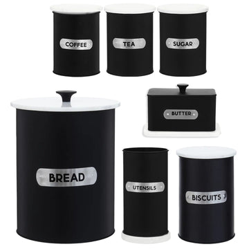 7pc Black Tea Sugar Coffee Biscuit Bread Tin Canisters & Butter Dish Utensil Holder Set
