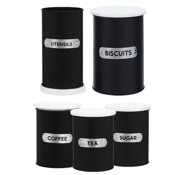 5pcs Black White Tea Sugar Coffee Biscuit Tin Canisters & Utensil Holder Set