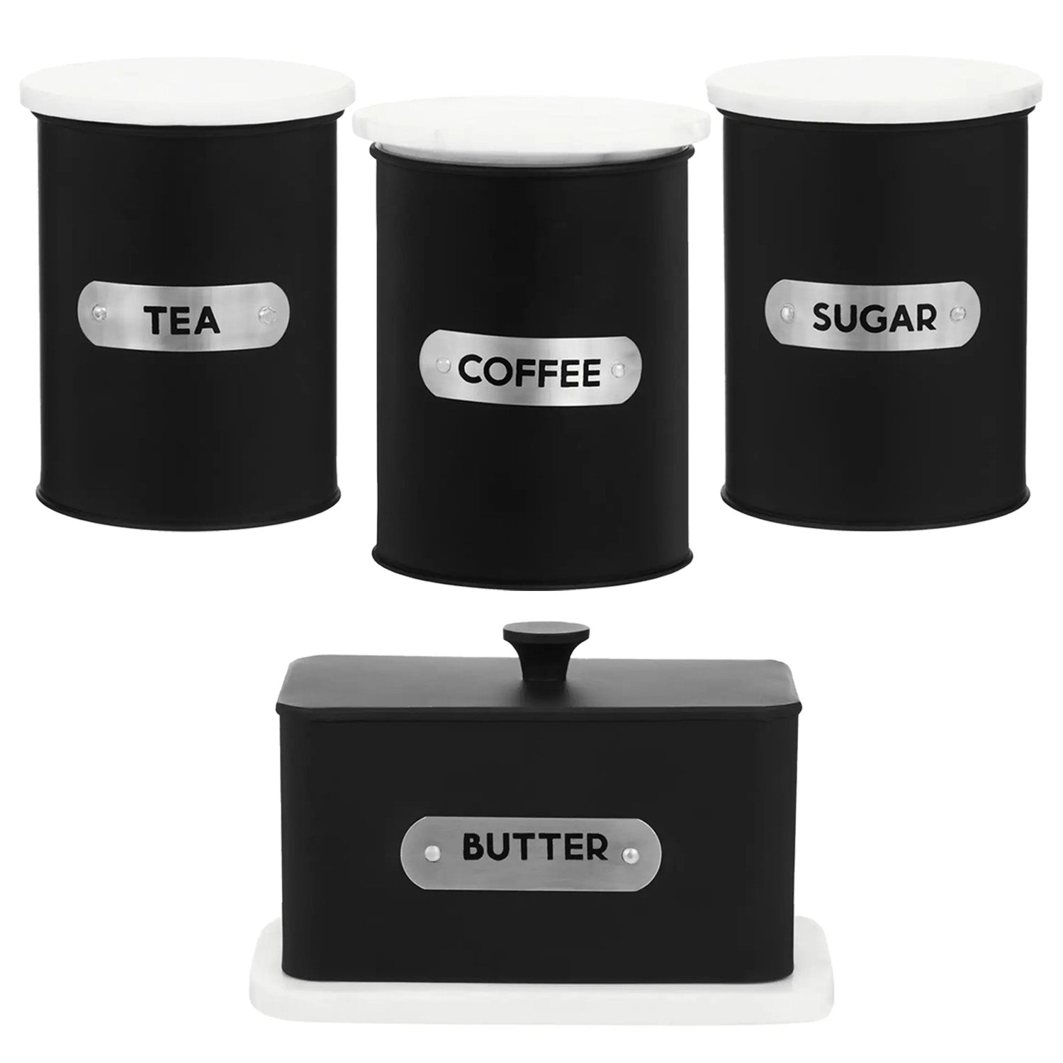 4pcs Black White Tea Sugar Coffee Tin Canisters & Butter Dish Set