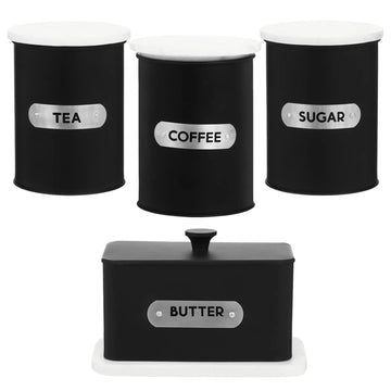 4pcs Black White Tea Sugar Coffee Tin Canisters & Butter Dish Set