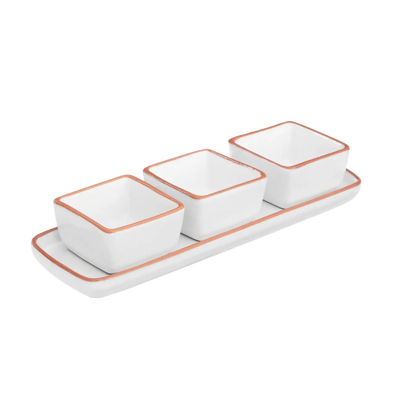 Cassia 3Pc White Glazed Terracotta Serving Dishes With Tray