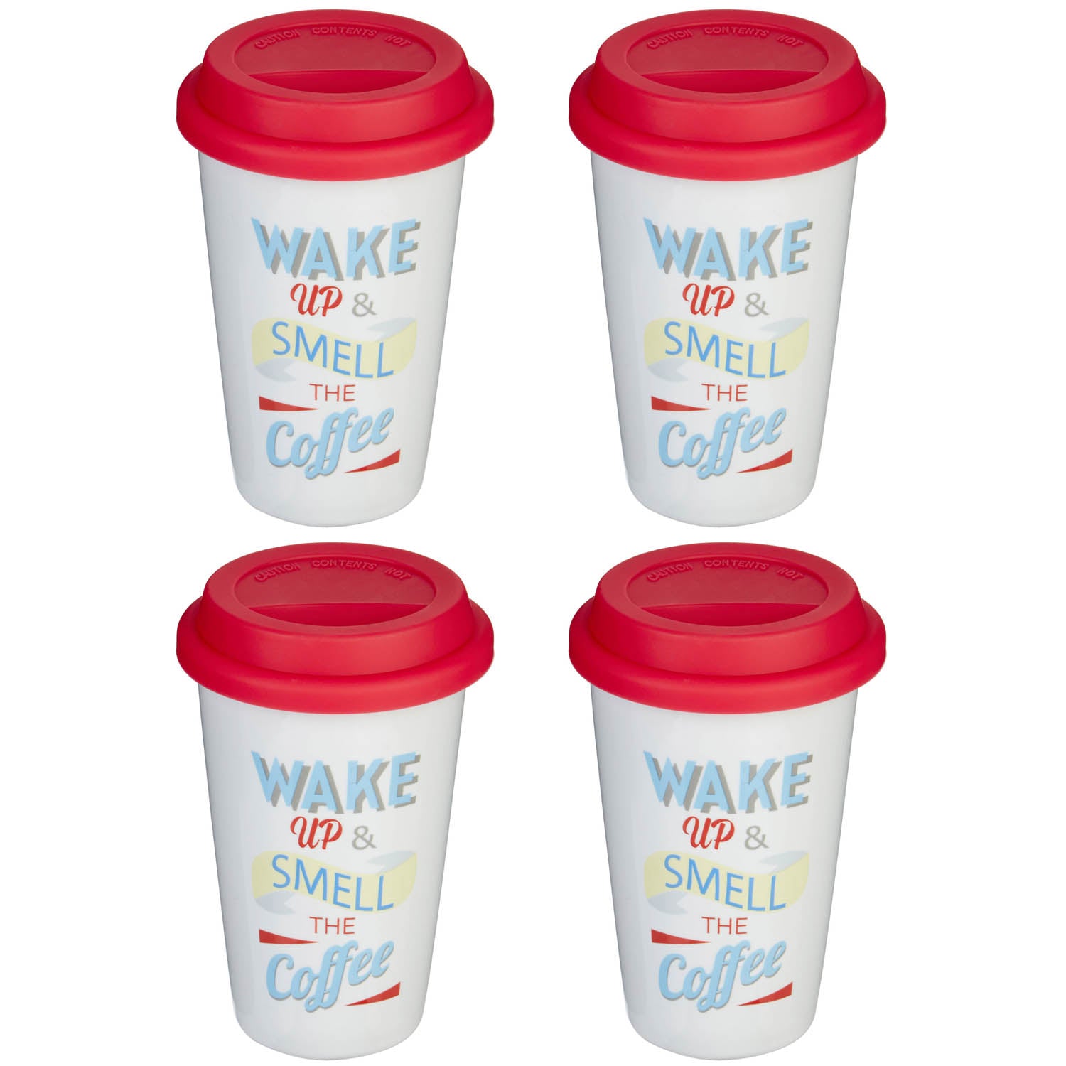 Set Of 4 330ml Wake Up Drinks Travel Mugs