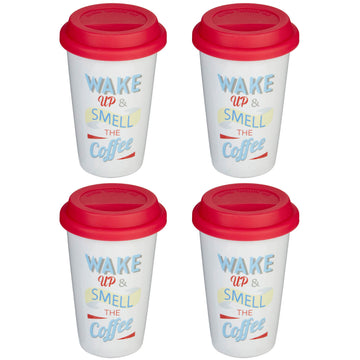 Set Of 4 330ml Wake Up Drinks Travel Mugs