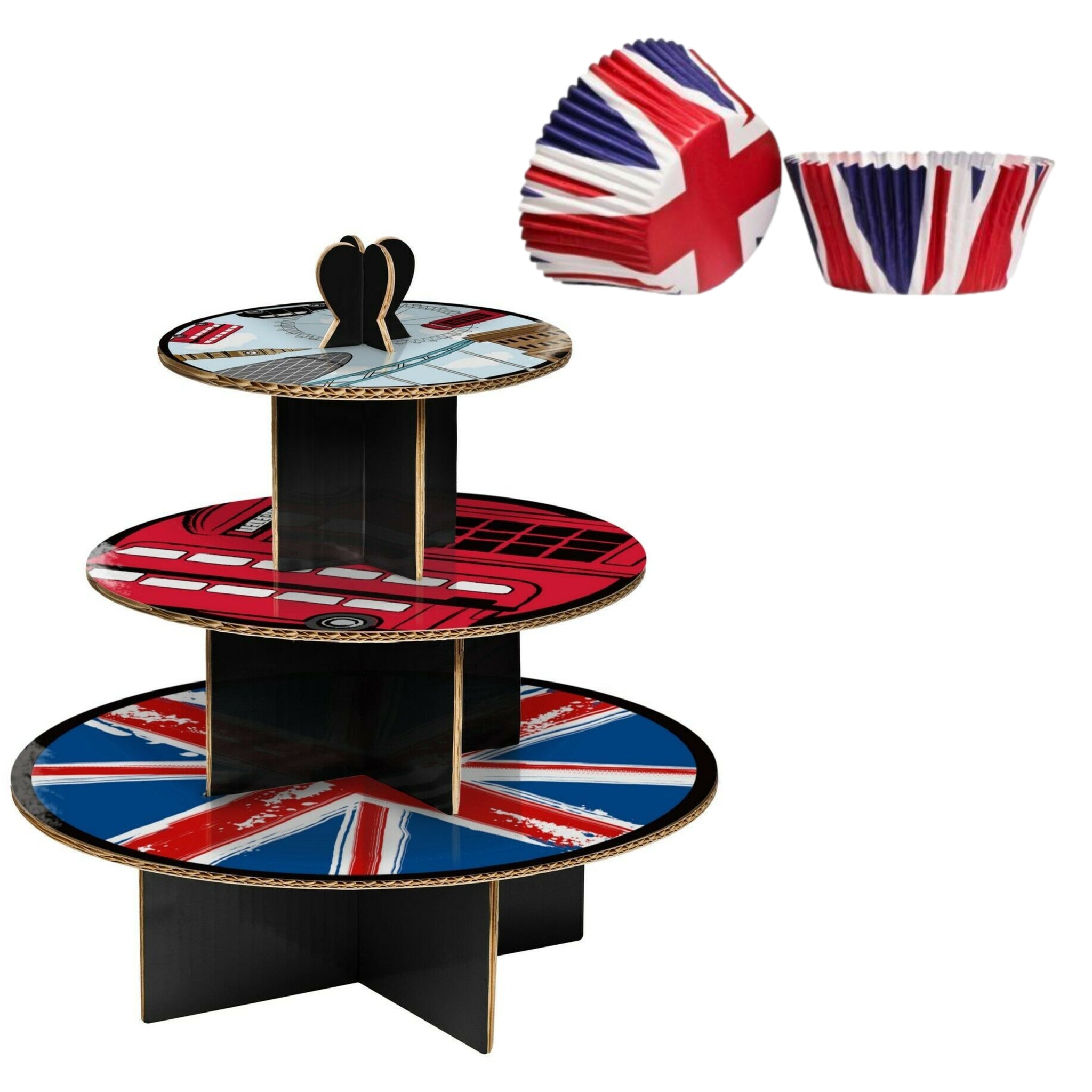 3 Tier Cool Britannia Cupcake Muffin Cake Stand & 40Pc Union Jack Large Cases