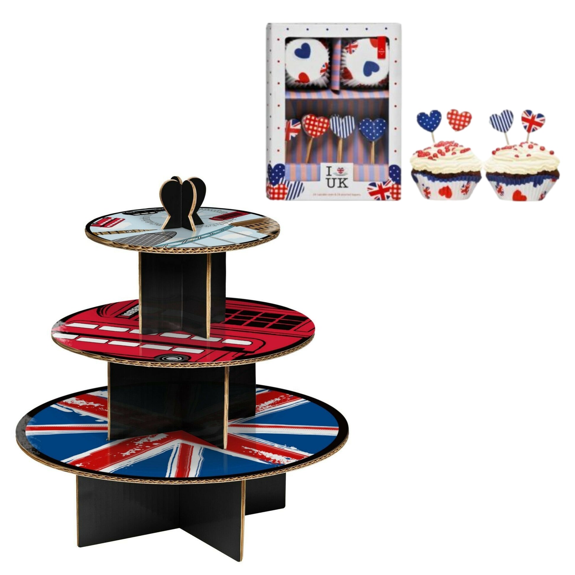 3 Tier Cool Britannia Cupcake Stand & Love UK 24 Cupcake Case & 24 Topper