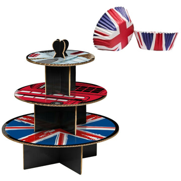 3 Tier Cool Britannia Cupcake Stand & 60pc Union Jack Medium Cases