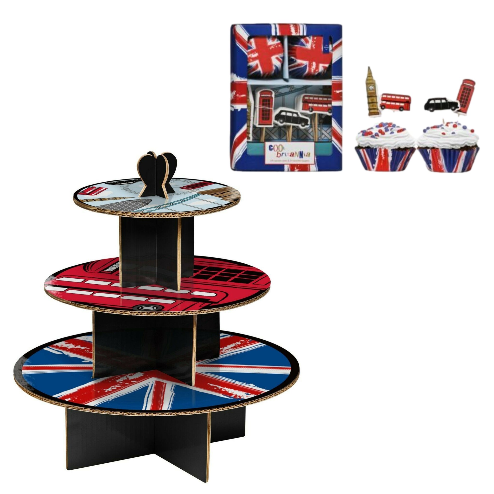 3 Tier Cool Britannia Cupcake Stand & 24 Cupcake Case & 24 Toppers