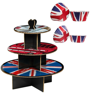 3 Tier Cool Britannia Cupcake Stand 40 Large & 60 Medium UK Cupcake Cases