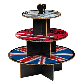 3 Tier Cool Britannia Cupcake Muffin Cake Stand & 40Pc Union Jack Large Cases