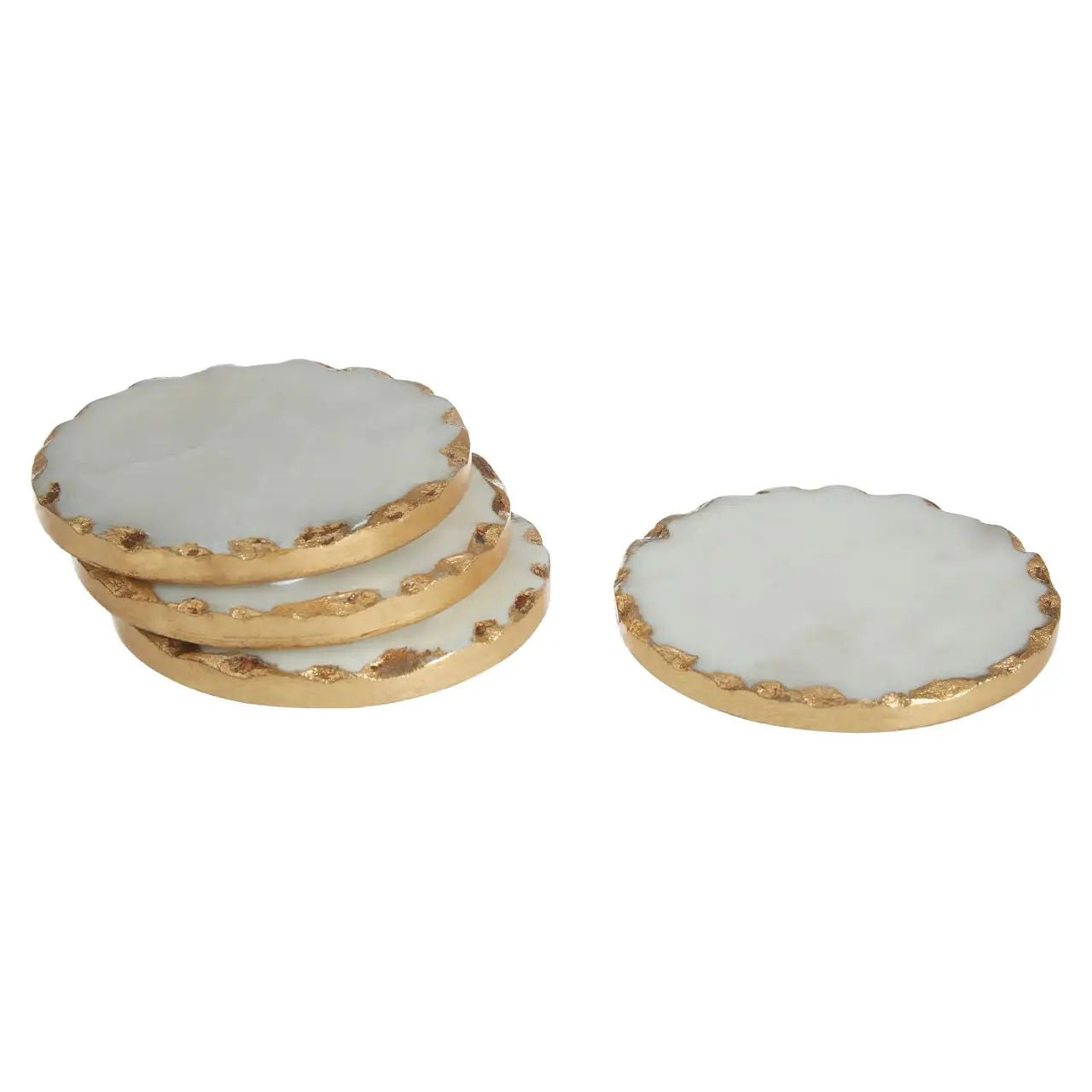 Regala 4Pc Round White Marble & Gold Finish Edge Coasters