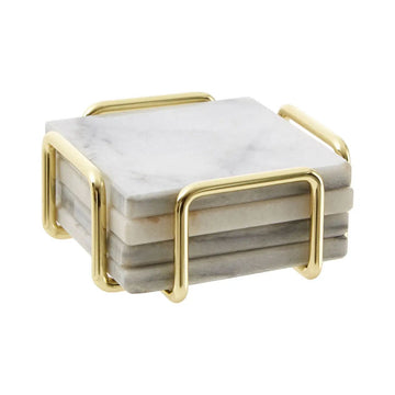 Seraphine 4Pc White Marble Coasters With Brass Finish Holder