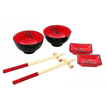 Red Chinese Porcelain Bowls Dishes Bamboo Chopsticks Dining Set