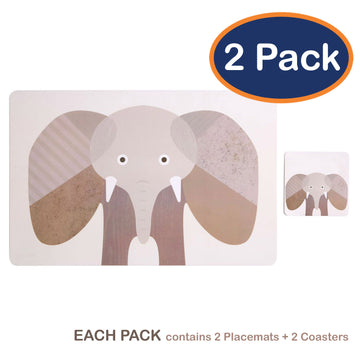 Set of 2 Effy Elephant Novelty Brown Placemat & Coaster Pair